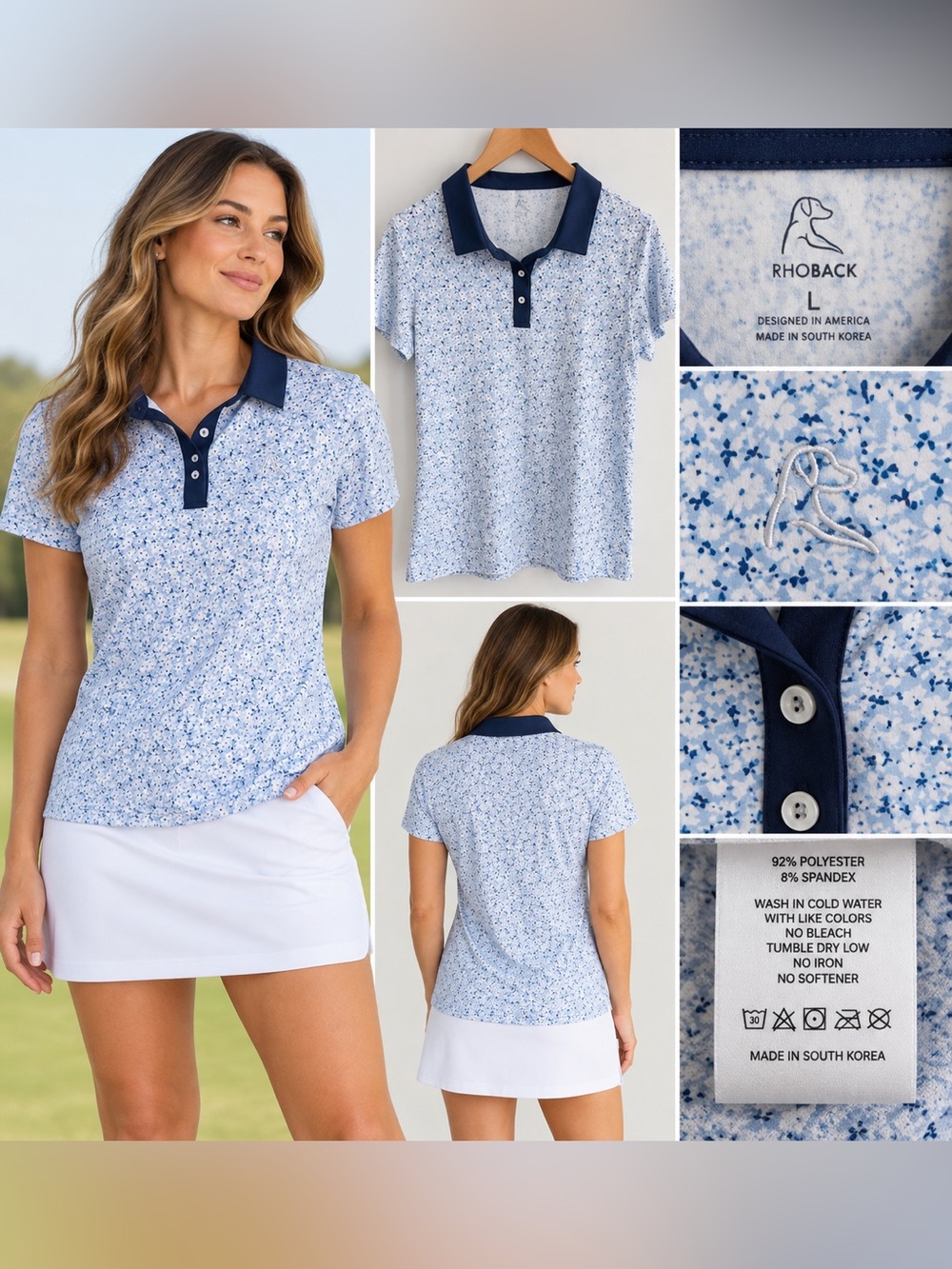 Rhoback Women’s Floral Performance Golf Polo Blue White Size L
